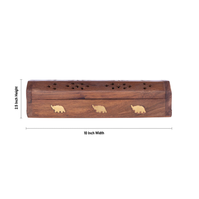 Incense Stick Holder - 2.5 x 10 Inches | Elephant Inlaid Design Agarbatti Box/ Wooden Agarbatti Stand for Pooja - Agarbathi Stand