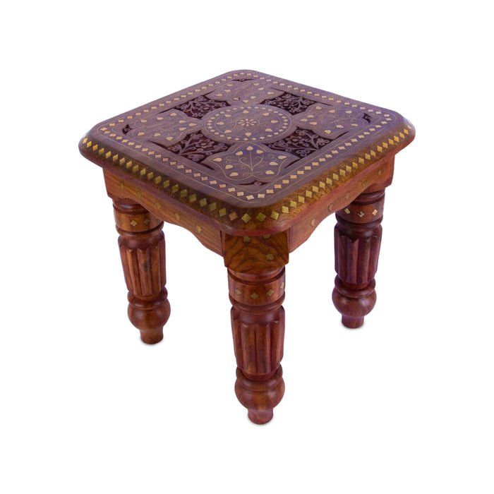 Kashmiri Brass work Stool - 12 x 12 Inches | Wooden Mukkali / Decorative Stool / Manai for Pooja