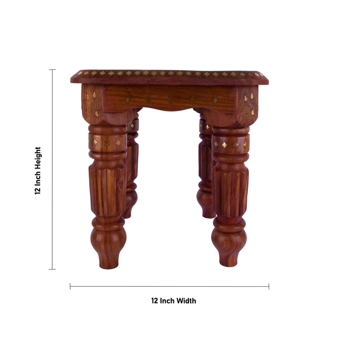 Kashmiri Brass work Stool - 12 x 12 Inches | Wooden Mukkali / Decorative Stool / Manai for Pooja