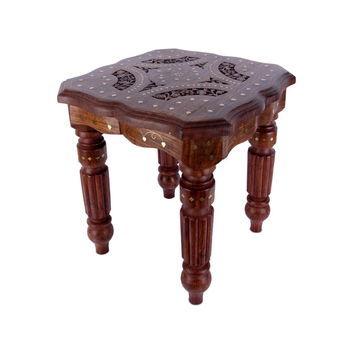 Kashmiri Brass work Stool - 15 x 15 Inches | Wooden Mukkali / Decorative Stool / Manai for Pooja