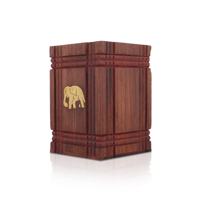 Pen Jar with Elephant Inlaid - 4 x 3 Inches | Wooden Pen Stand/ Pen Holder
