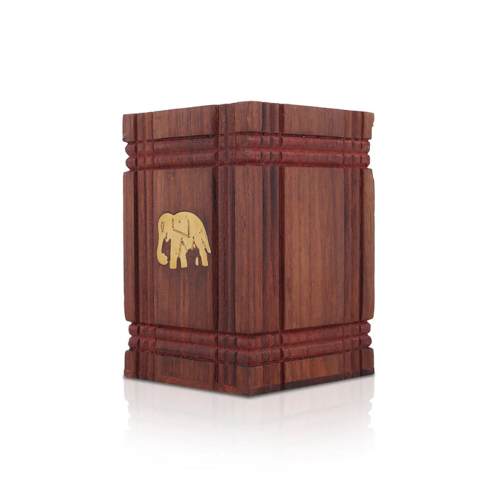 Pen Jar with Elephant Inlaid - 4 x 3 Inches | Wooden Pen Stand/ Pen Holder - Table Stand Accessories