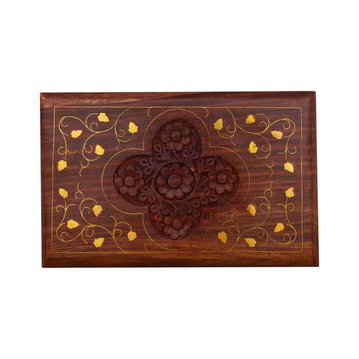 Jewel Box - 3 x 8 Inches | Brass Work Flower Design Storage Box/ Kashmiri Design Wooden Box for Women/ 520 Gms - Handicraft Items