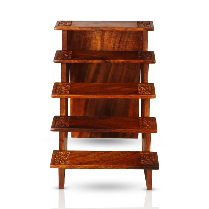 Golu Stand - 11.5 x 8.5 Inches | Wooden Golu Padi/ 5 Steps Golu Steps/ Engraved Flower Design Kolu Stand for Deity - Kolupadi Stand