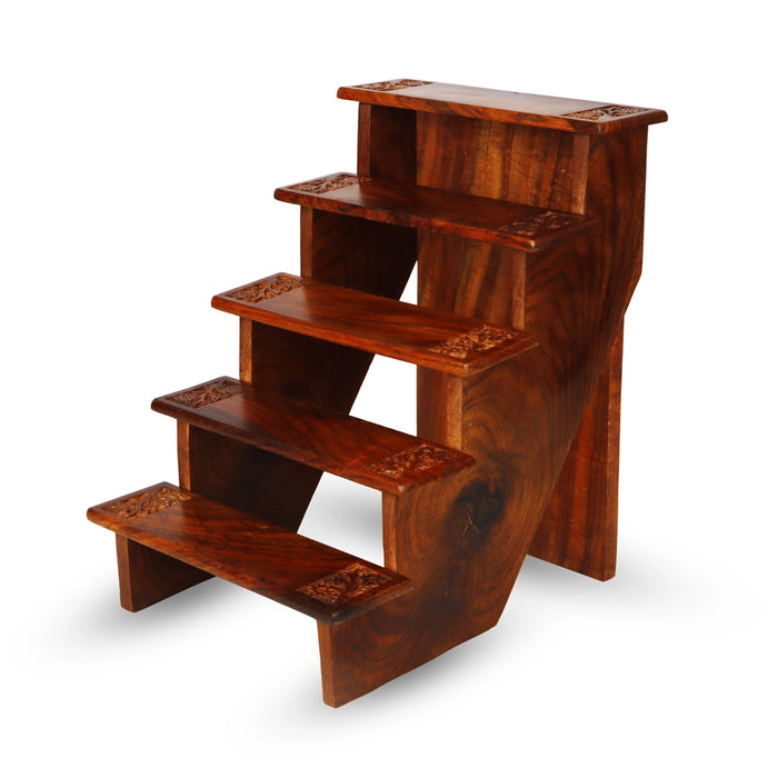 Golu Stand - 11.5 x 8.5 Inches | Wooden Golu Padi/ 5 Steps Golu Steps/ Engraved Flower Design Kolu Stand for Deity - Kolupadi Stand