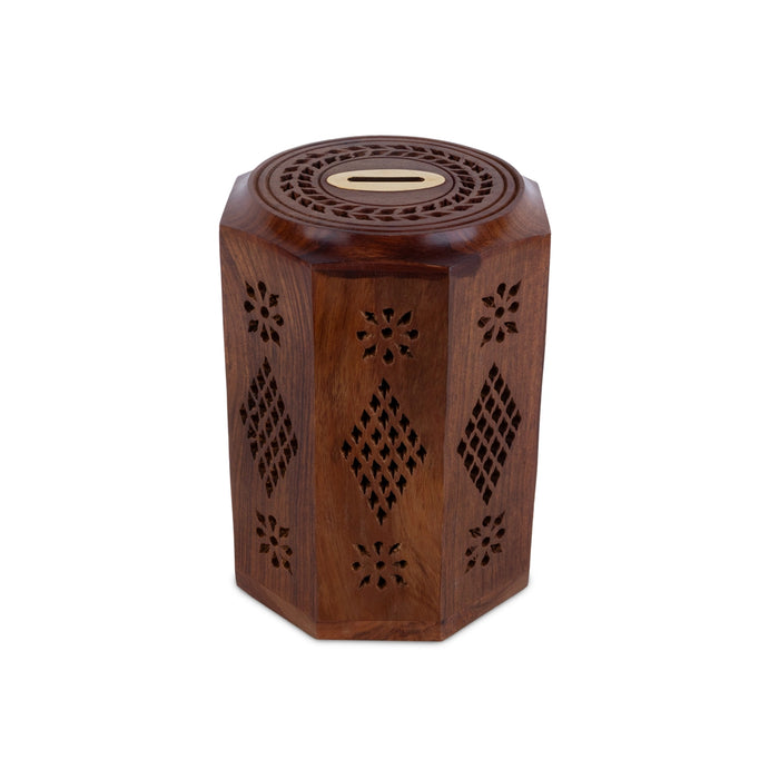 Money- Coin Box - 7 x 4.5 Inches | Octagon Shape Cash Box / Jali work design/ Wooden Money Box for savings - Handicraft Items