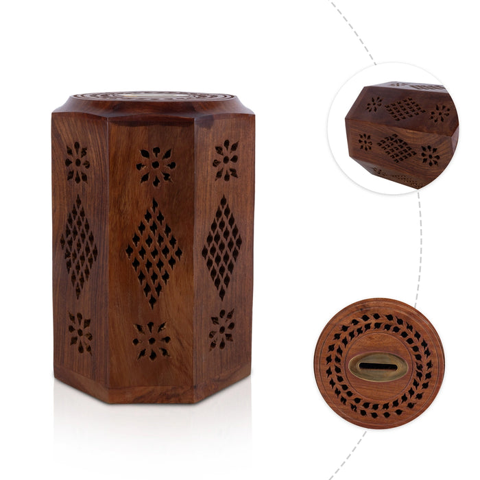 Money- Coin Box - 7 x 4.5 Inches | Octagon Shape Cash Box / Jali work design/ Wooden Money Box for savings - Handicraft Items