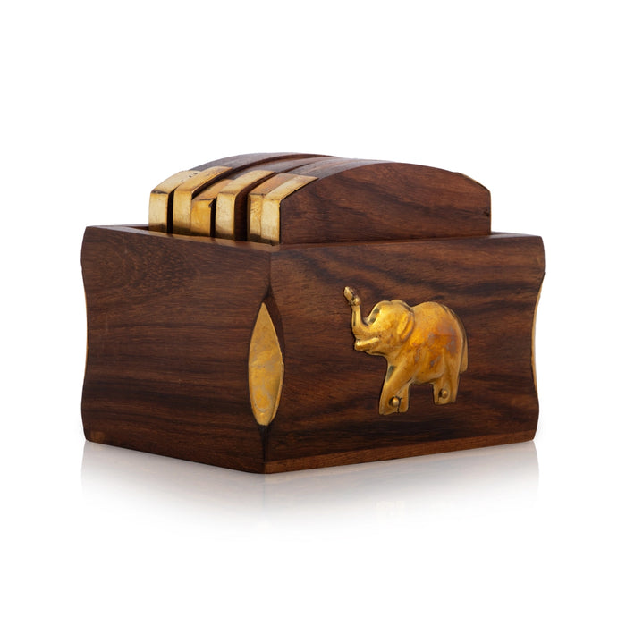 Wooden Coasters Set - 3 x 3.5 Inches | Rectangle Shape Wooden Table Coasters/ Elephant Inlaid Design Coasters for Home - Table Stand Accessories