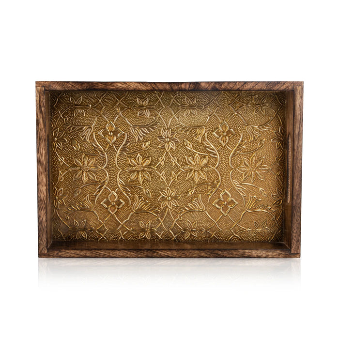 Wooden Tray - 2 x 12 Inches | Wooden Serving Tray/ Brass Sheet Inlaid Design Pooja Tray for Home - Pooja Plate & Tray