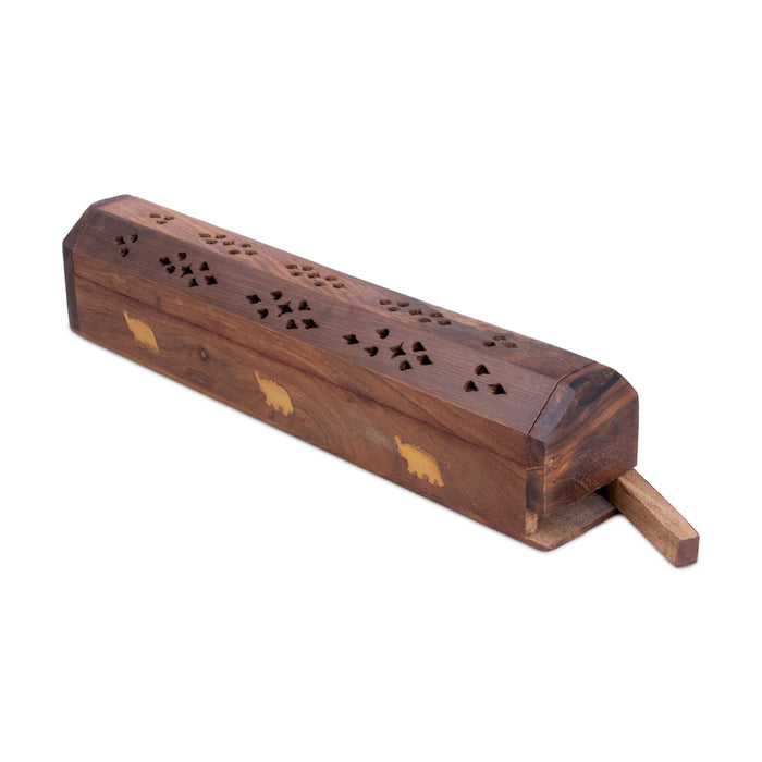 Agarbathi Stand - 2 x 12 Inches | Elephant Inlaid Design Dhoop Dhani/ Wooden Design Incense Holder for Pooja - Agarbathi Stand