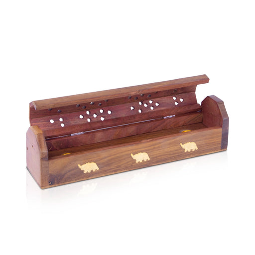 Agarbathi Stand - 2 x 10 Inches | Elephant Inlaid Design Dhoop Dhani/ Wooden Design Incense Holder for Pooja - Agarbathi Stand