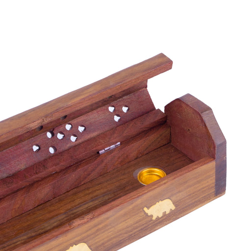 Agarbathi Stand - 2 x 10 Inches | Elephant Inlaid Design Dhoop Dhani/ Wooden Design Incense Holder for Pooja - Agarbathi Stand
