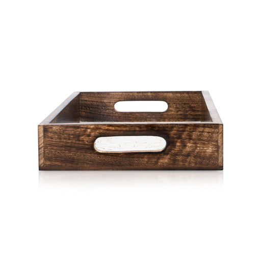 Wooden Tray - 2 x 11.5 Inches | Wooden Serving Tray/ Silver Sheet Inlaid Design Pooja Tray for Home - Pooja Plate & Tray