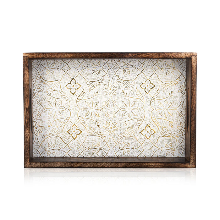 Wooden Tray - 2 x 11.5 Inches | Wooden Serving Tray/ Silver Sheet Inlaid Design Pooja Tray for Home - Pooja Plate & Tray