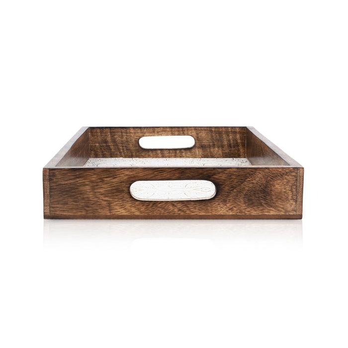 Wooden Tray - 2 x 14.5 Inches | Wooden Serving Tray/ Silver Sheet Inlaid Design Pooja Tray for Home - Pooja Plate & Tray