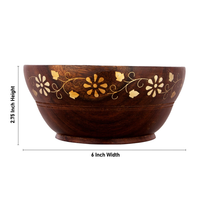 Wooden Bowl - 2.75 x 6 Inches | Wooden Cup/ Brass Design Bowl for Home - Bowls