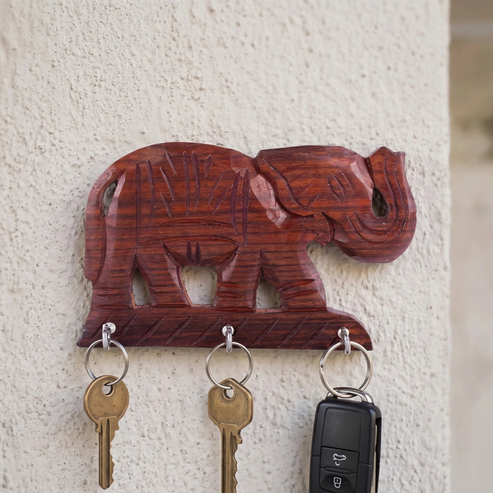 Elephant Key Holder - 4 x 6.5 Inches | Wooden Elephant Key Hanger / Wall Mounted Key Stand for Home & Office