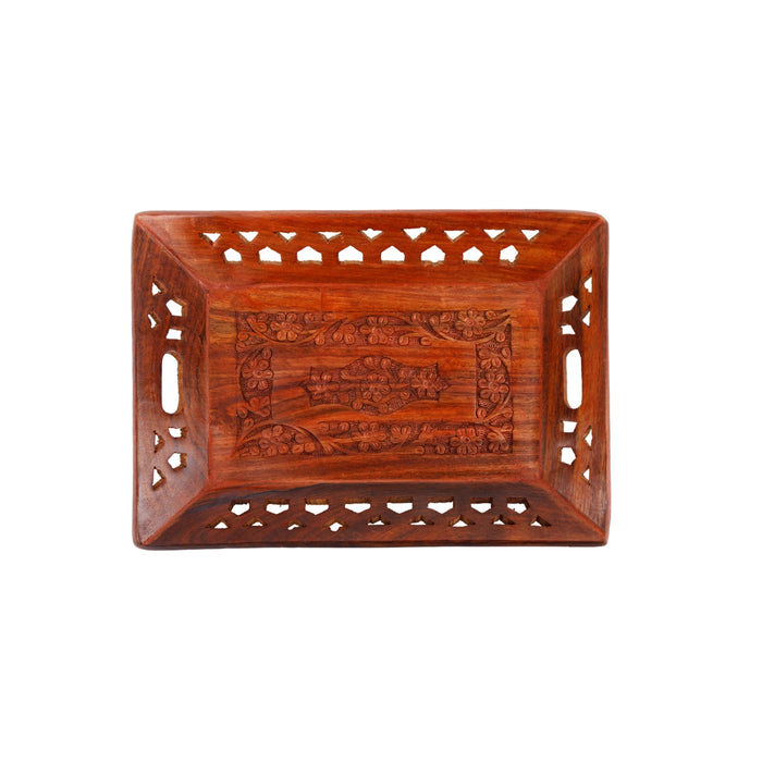 Wooden Tray - 1.5 x 10 x 8 Inches | Serving Tray/ Engraved Decorative Plate/ Kitchen Tray for Home - Pooja Plate & Tray
