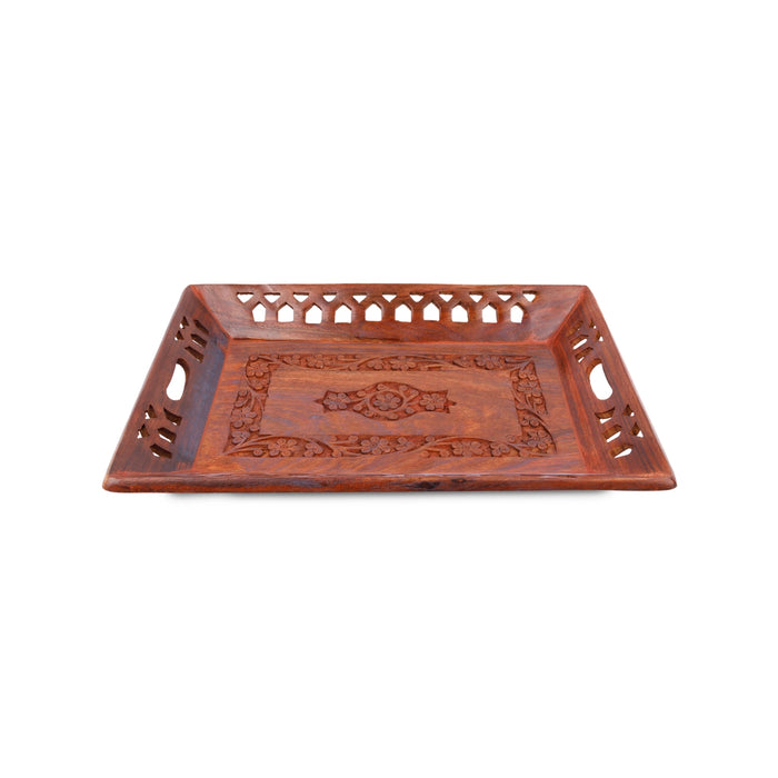 Wooden Tray - 1.5 x 13 x 9 Inches | Serving Tray/ Engraved Decorative Plate/ Kitchen Tray for Home - Pooja Plate & Tray