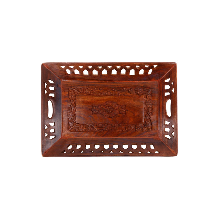 Wooden Tray - 1.5 x 13 x 9 Inches | Serving Tray/ Engraved Decorative Plate/ Kitchen Tray for Home - Pooja Plate & Tray