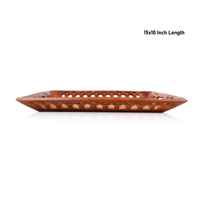 Wooden Tray - 1.5 x 15 x 10 Inches | Serving Tray/ Hand Carved Kitchen Tray for Home Decor & Gifting - Pooja Plate & Tray