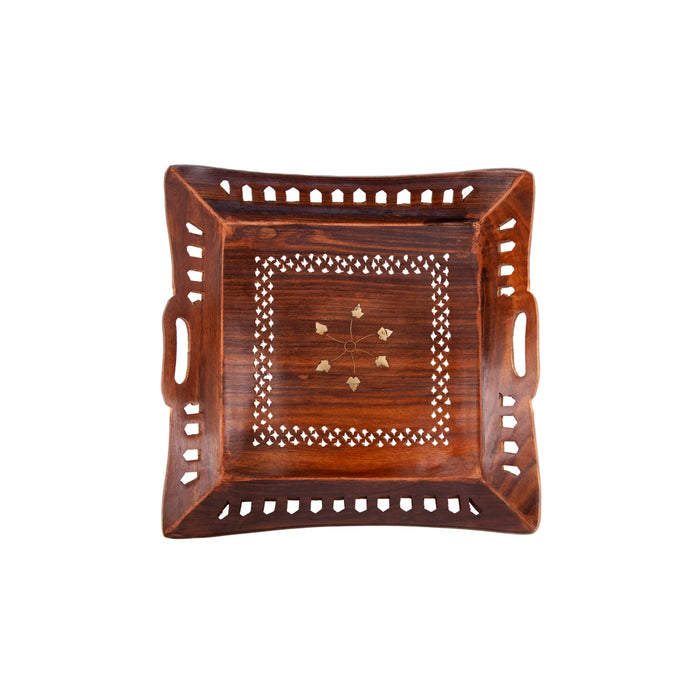 Wooden Tray | Jali Design Serving Tray/ Kitchen Tray/ Square Shape Decorative Plate for Home - Pooja Plate & Tray