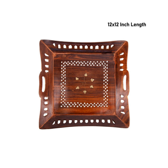 Wooden Tray | Jali Design Serving Tray/ Kitchen Tray/ Square Shape Decorative Plate for Home - Pooja Plate & Tray