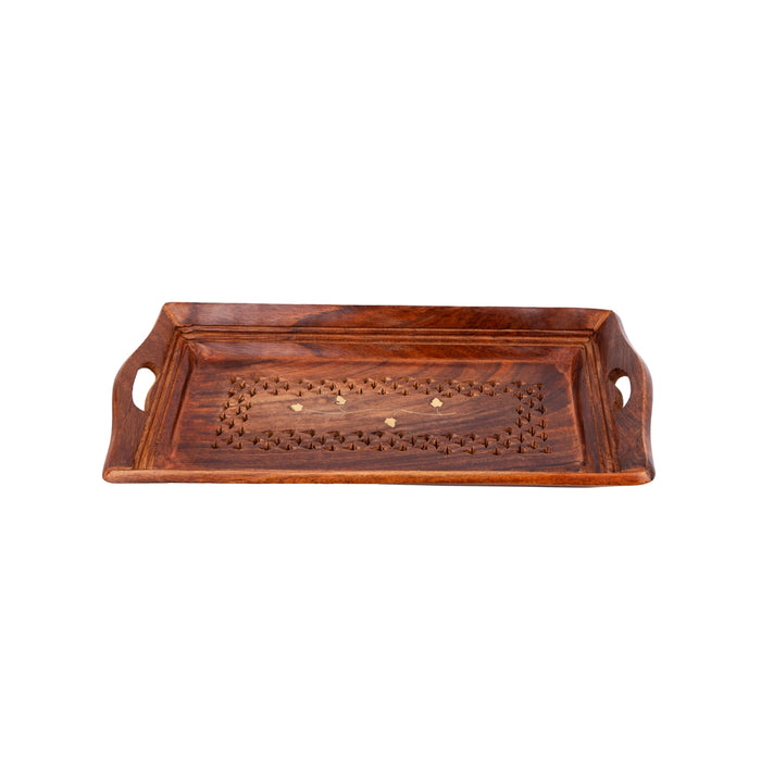 Wooden Tray With Handle - 1.5 x 12 x 6 Inches | Jali Design Serving Tray/ Kitchen Tray for Home - Pooja Plate & Tray