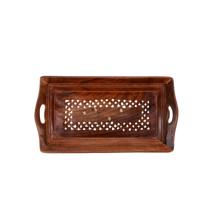 Wooden Tray With Handle - 1.5 x 12 x 6 Inches | Jali Design Serving Tray/ Kitchen Tray for Home - Pooja Plate & Tray