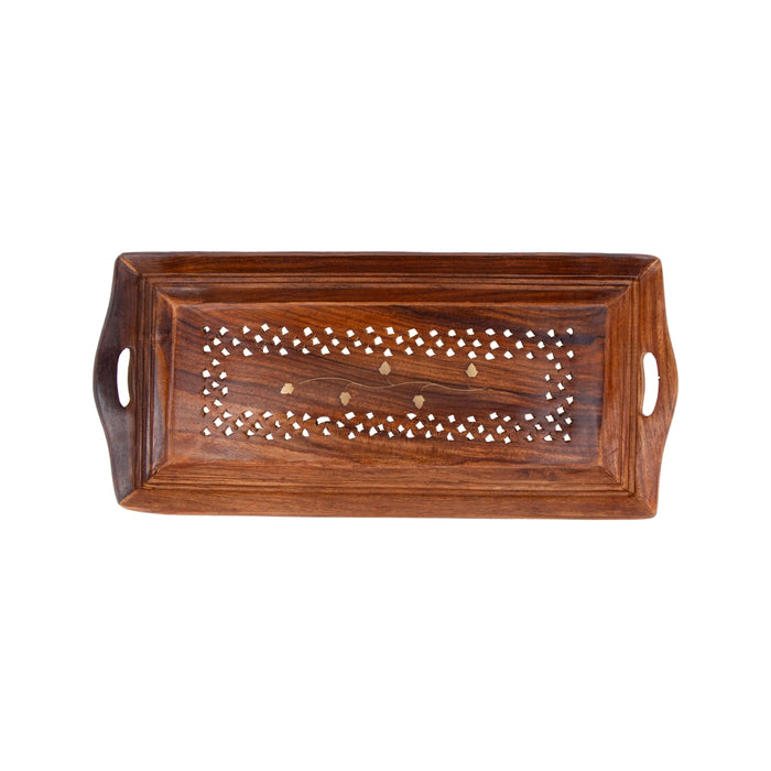 Wooden Tray With Handle - 1.5 x 14 x 6 Inches | Jali Design Serving Tray/ Kitchen Tray for Home - Pooja Plate & Tray