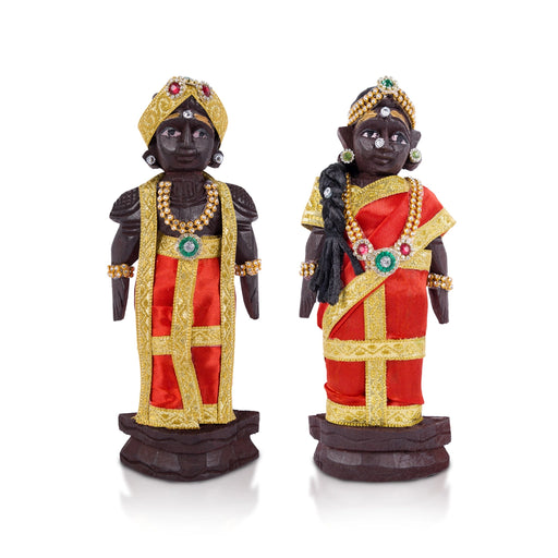 Marapachi Bommai Pair - 7 X 2.5 Inches | Wooden Statue/ Kolu Bommai/ Decorated Marapachi Doll For Golu Display - Marapachi Bommai