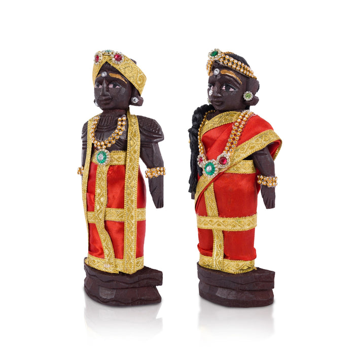 Marapachi Bommai Pair - 7 X 2.5 Inches | Wooden Statue/ Kolu Bommai/ Decorated Marapachi Doll For Golu Display - Marapachi Bommai