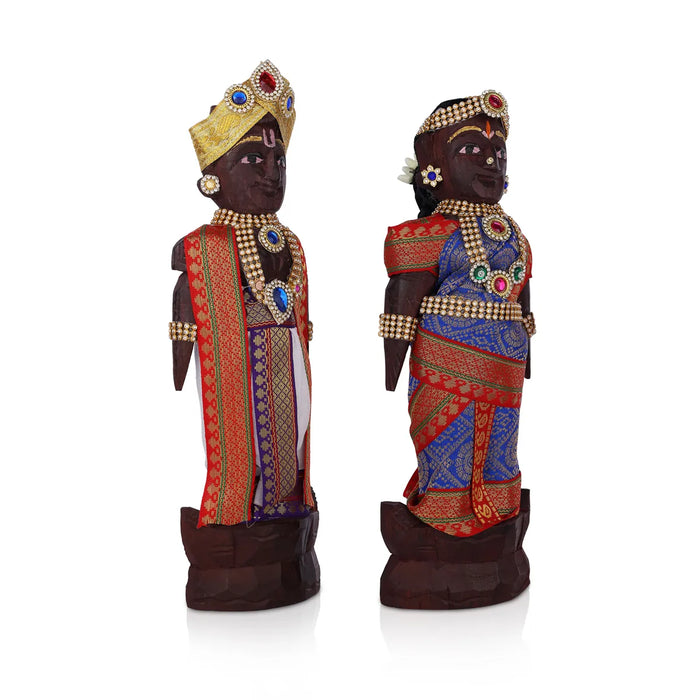 Marapachi Bommai With Alankaram Pair - 11 x 3 Inches | Wood Sculpture/ Marapachi Doll/ Kolu Bommai for Navaratri - Marapachi Bommai