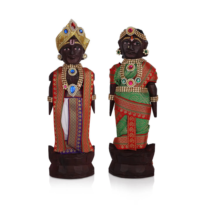 Marapachi Bommai With Alankaram Pair - 11 x 3 Inches | Wood Sculpture/ Marapachi Doll/ Kolu Bommai for Navaratri - Marapachi Bommai