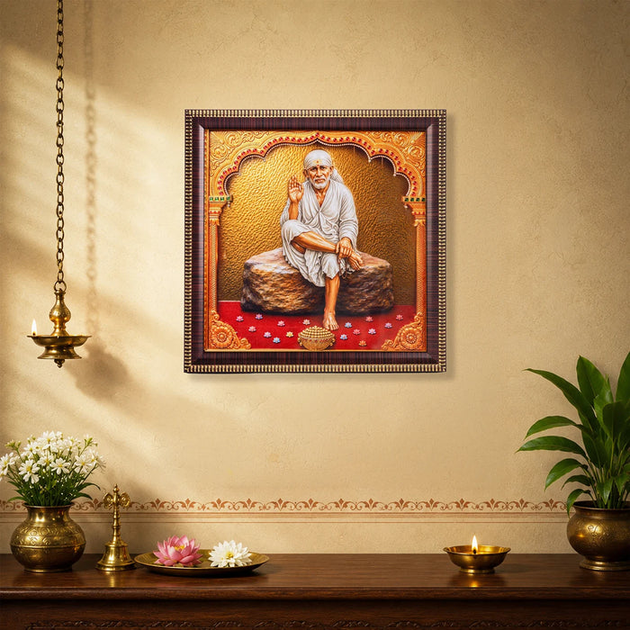 Shirdi Sai Baba Photo Frame - 7 x 7 Inches | 3D Embossed Painting Frame/ Sai Baba Picture Frame for Pooja Space