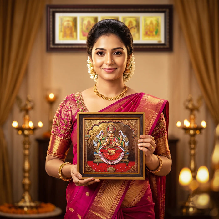 Gaja Lakshmi Wall Frame - 7 x 7 Inches | 3D Embossed Painting Frame/ Goddess Lakshmi Photo Frame for Pooja Space