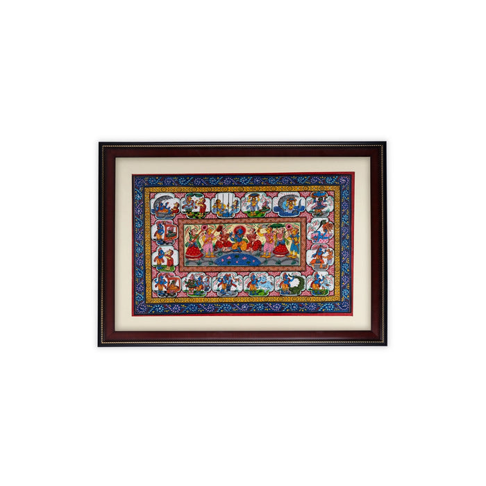 Pattachitra Painting Frame - 24 x 18 Inches | Krishna Leela Design Patachitra Painting/ Hand Painted Frame for Home - Hindu God Photos & Frames