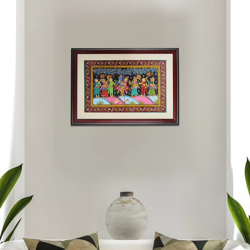 Pattachitra Painting Frame - 24 x 18 Inches | Radha Krishna With Gopis Design Hand Painted Frame for Home - Hindu God Photos & Frames