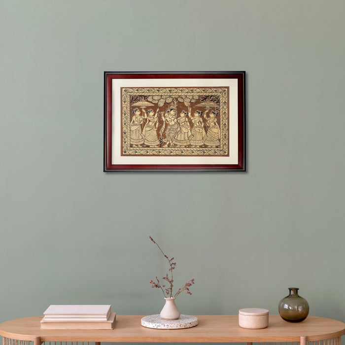 Pattachitra Painting Frame - 24 x 18 Inches | Radha Krishna With Gopis Design Patachitra Painting for Home - Hindu God Photos & Frames