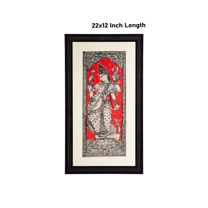 Pattachitra Painting Frame - 22 x 12 Inches | Standing Saraswati Design Patachitra Painting/ Hand Painted Frame - Hindu God Photos & Frames