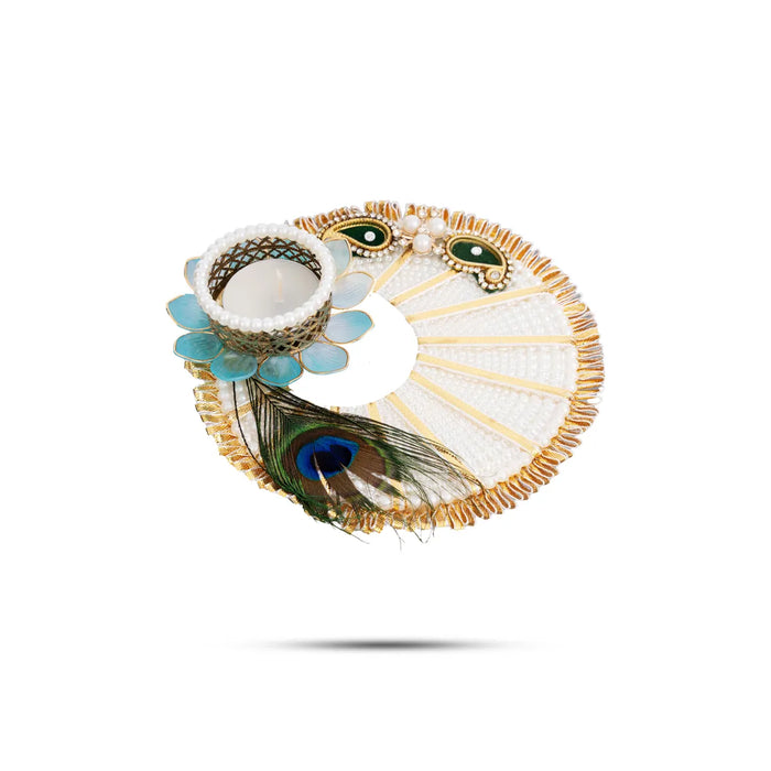 Diya Candle With Holder - 5.5 Inches | Peacock Feather & Flower Design Tealight Candle For Home Decor