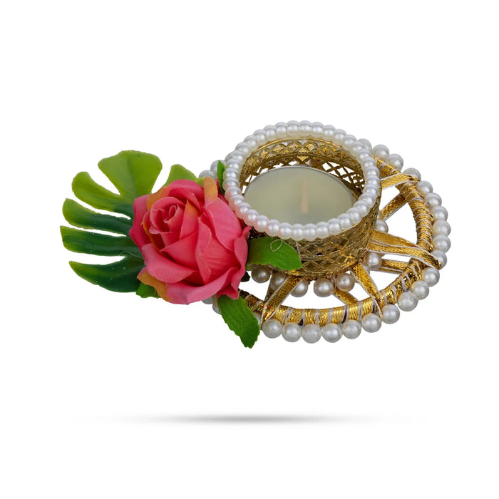 Diya Candle With Holder - 2.5 X 2 Inches | Pearl & Rose Design Holder/ Decorative Home & Festival Decor