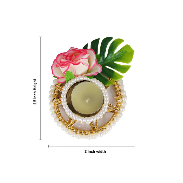 Diya Candle With Holder - 2.5 X 2 Inches | Pearl & Rose Design Holder/ Decorative Home & Festival Decor