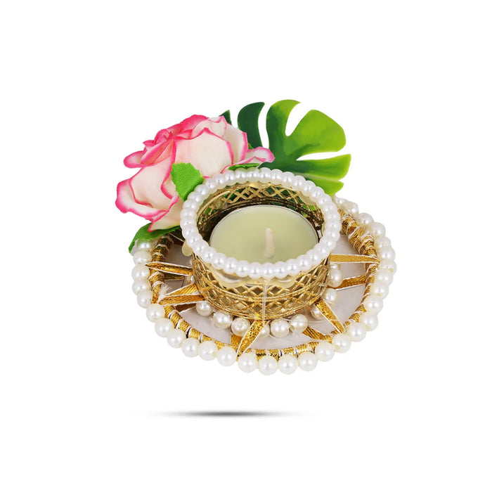 Diya Candle With Holder - 2.5 X 2 Inches | Pearl & Rose Design Holder/ Decorative Home & Festival Decor