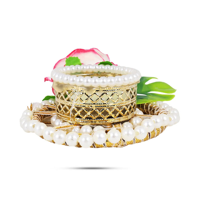 Diya Candle With Holder - 2.5 X 2 Inches | Pearl & Rose Design Holder/ Decorative Home & Festival Decor