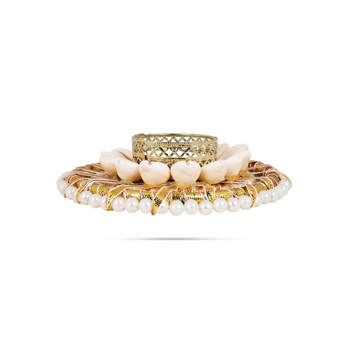 Designer Diya Candle With Holder - 4.25 Inches | Pearl & Shell Tealight Candle For Home & Festive Decor - Table Stand Accessories