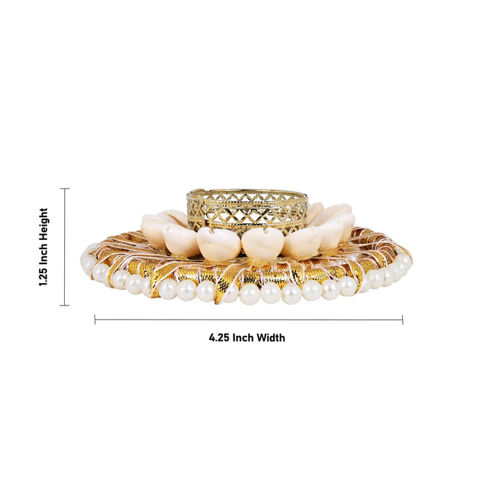 Designer Diya Candle With Holder - 4.25 Inches | Pearl & Shell Tealight Candle For Home & Festive Decor - Table Stand Accessories
