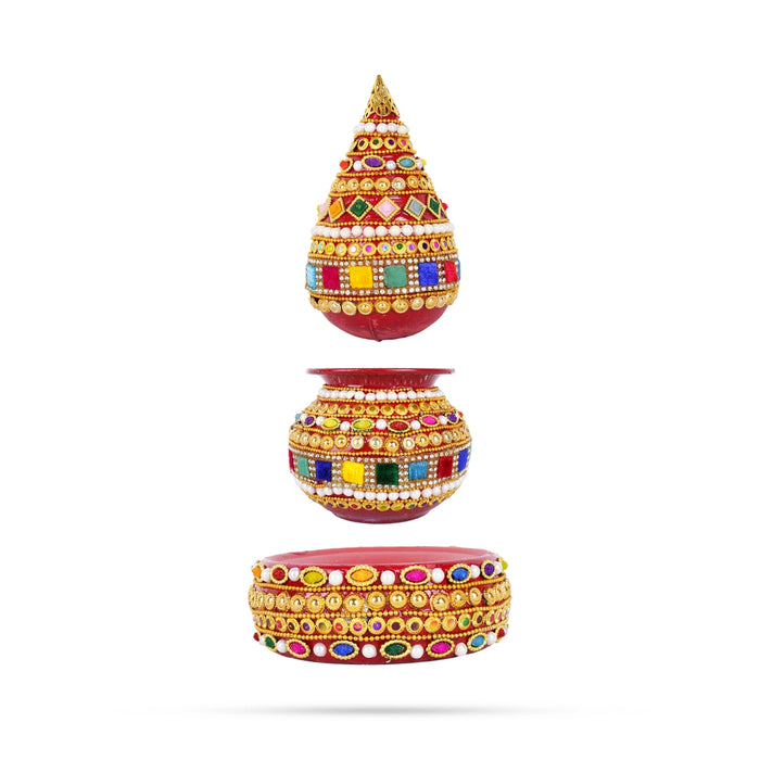 Decorated Lota And Coconut With Base Set - 8 x 3.5 Inches | Metal Kalash/ Chombu & Holder for Wedding - Wedding Essentials