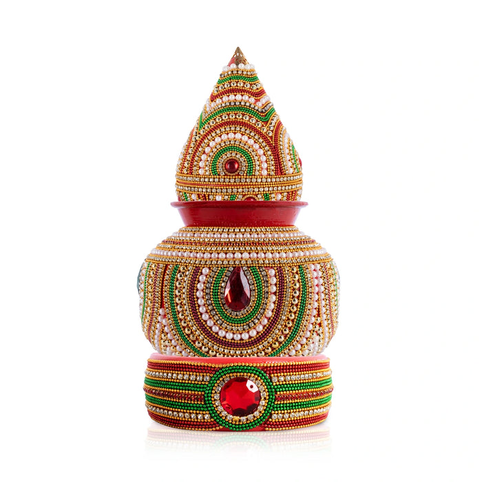 Decorated Lota And Coconut With Base Set - 11 x 5 Inches | Metal Kalash/ Chombu & Holder for Wedding - Wedding Essentials