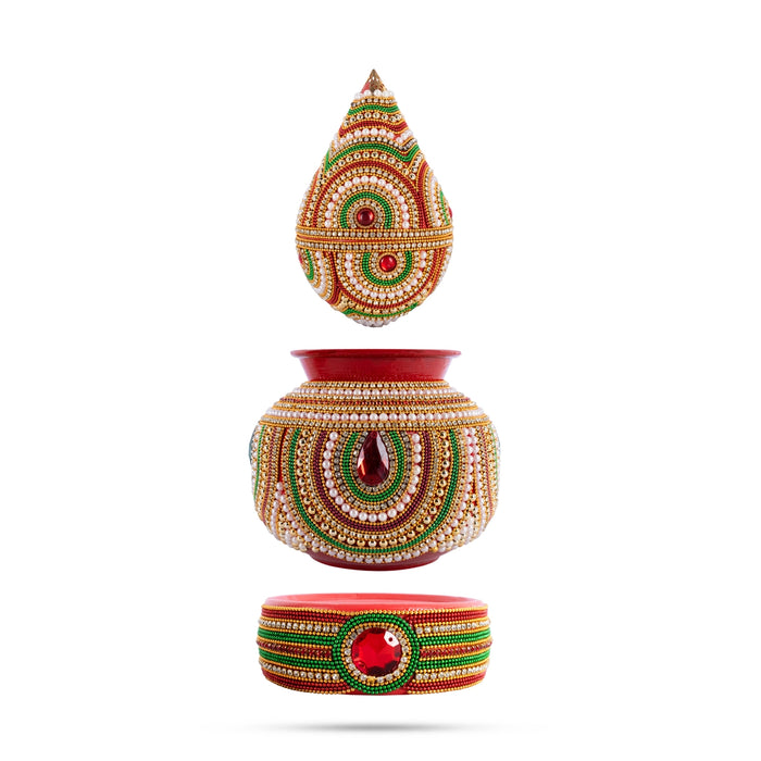 Decorated Lota And Coconut With Base Set - 11 x 5 Inches | Metal Kalash/ Chombu & Holder for Wedding - Wedding Essentials